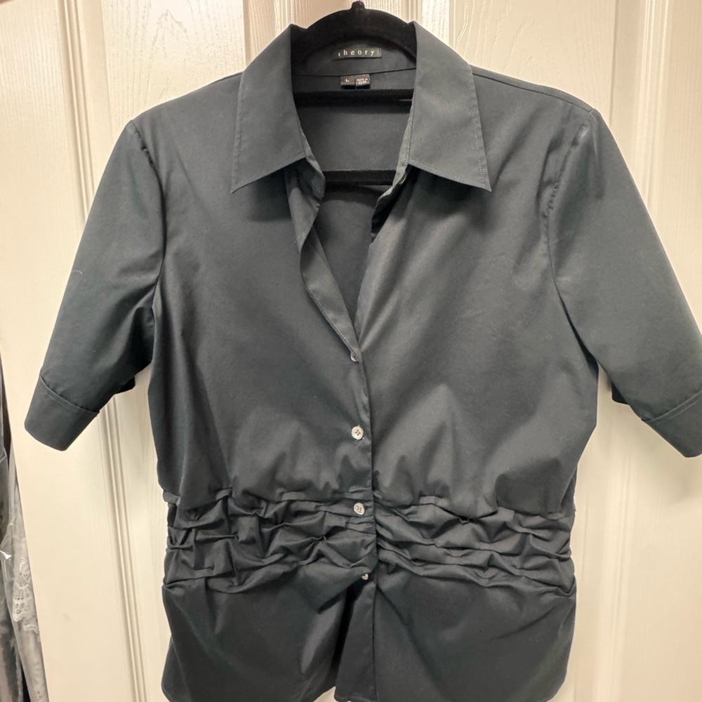 Theory Black Short Sleeve Button-Up Top with Gathered Waist